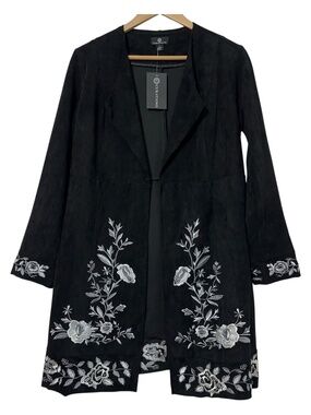 NWT Curations Womens Black Floral Embroidered Jacket Size S Open Front Duster